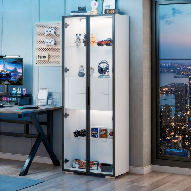 60*40*160cm Schrank,Vitrine Schranktür aus gehärtetem Glas,Vitrine Lagerschrank mit LED,2Glasboden,2Schubladen,Highboard,Wohnzimmerschrank,Aufbewahrungsschrank,Hochschrank,Sofaschrank,Weiß – Bild 6