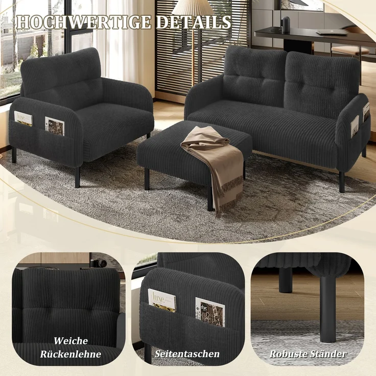 3-teilige Cord-Sitzgruppe aus 2-Sitzer-Sofa, Sessel und Hocker, gepolstertes Lounge-Set mit Seitentasche und Metall-Holz-Gestell, Grau – Bild 13