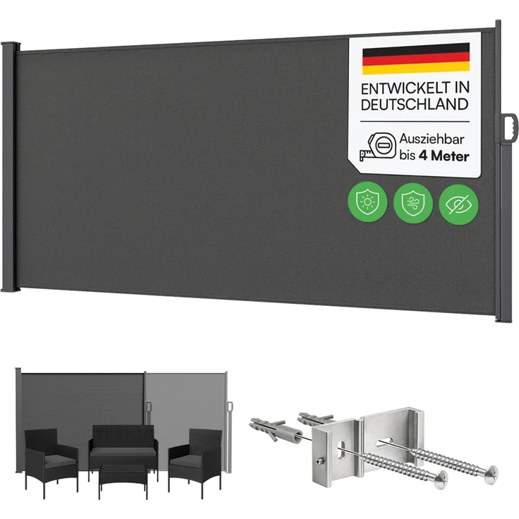 STEELSØN 'Zirella' Seitenmarkise mit Stahl-Kassette, ausziehbar, 200x400 cm, anthrazit, Windschutz, wetterfest und blickdicht – Bild 1