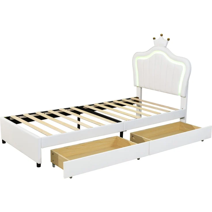 Kinderbett 90x200 cm mit Polsterkopfteil, LED-Beleuchtung und 2 Schubladen–weißes Kunstleder – Bild 7