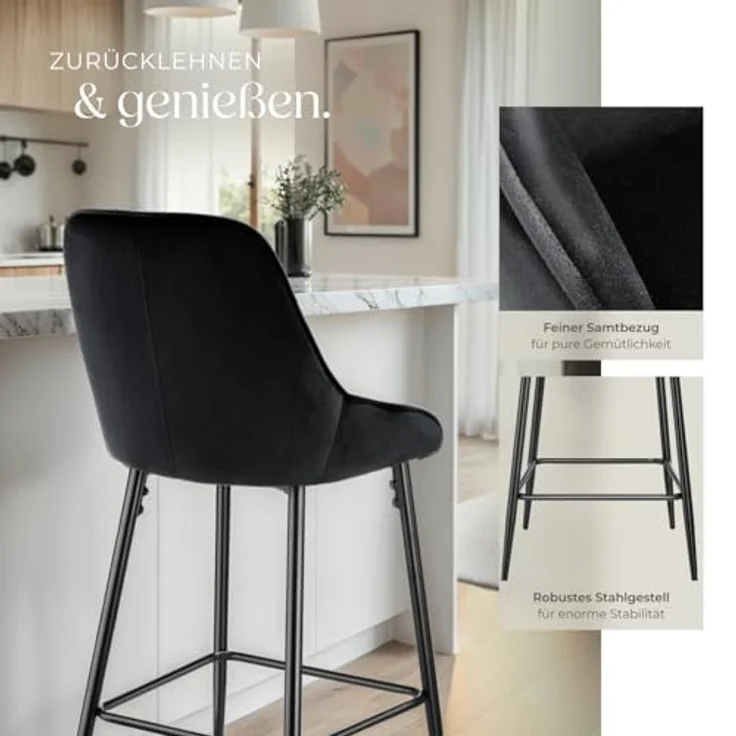tectake Thekenstuhl Siera, Barhocker aus Samt in Schwarz, 49x100x54 cm, höhenverstellbare Kunststofffüße, Fußstütze, ergonomische Rückenlehne – Bild 6