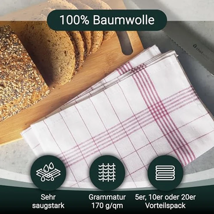 ZOLLNER 10er Set Geschirrtücher Baumwolle in 50x70 cm - super saugstarke und langlebige Küchentücher - waschbar bis 95°C – in rot weiß kariert - Gastronomiequalität - Oeko Tex® Zertifiziert – Bild 3