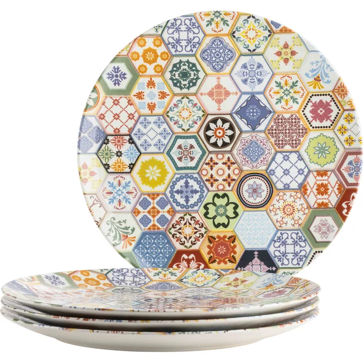 Große runde Platzteller mit besonderem Fliesendekor im 4er Set, ideal auch als Pizzateller, Servierteller und Dekoteller, 4 Jumbo Teller aus hochwertiger Keramik