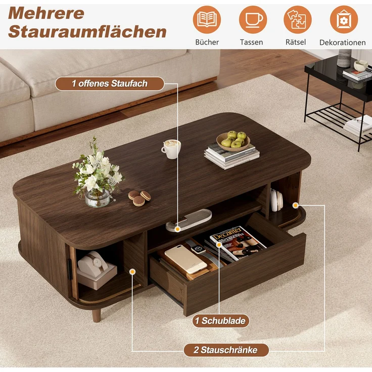 Couchtisch B 100 x T 50 x H 35 cm in Walnussholzfarbe mit Schublade und Rollladentüren – Bild 5