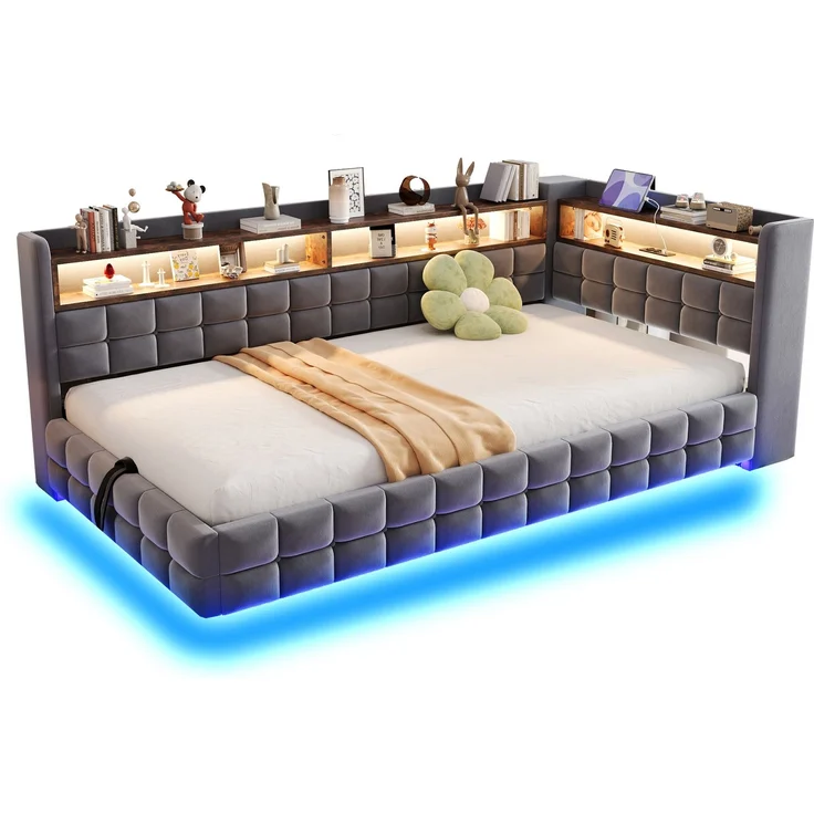 Polsterbett Liegefläche 90×200 cm mit Bettkasten, LED und Steckdose, Grau, ohne Matratze – Bild 4