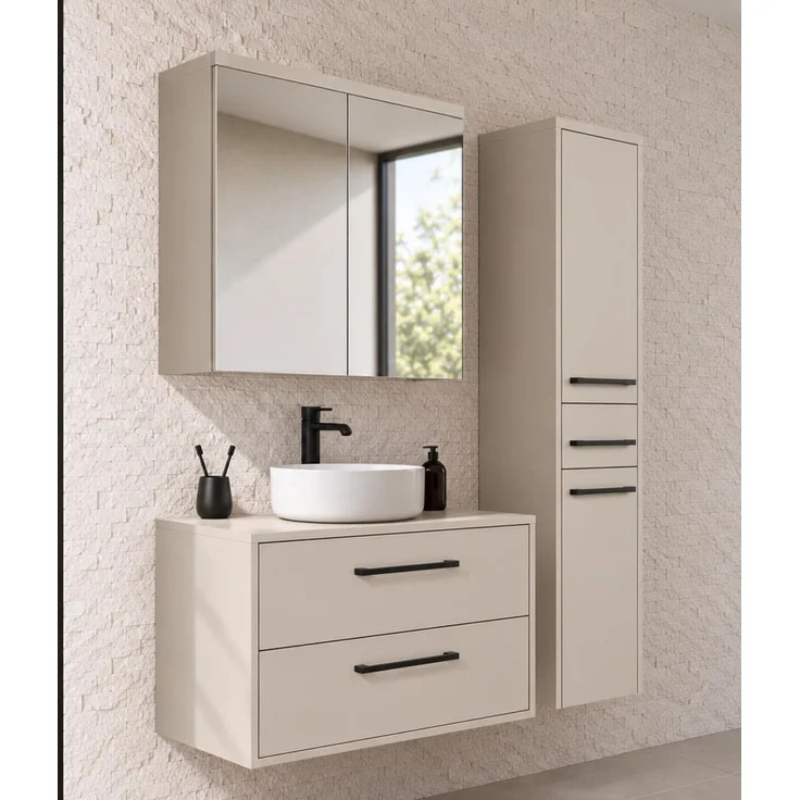 Badplaats Waschtischunterschrank-Set Florence 80 x 46 cm - Cashmere - mit Spiegelschrank und Hochschrank – Bild 2