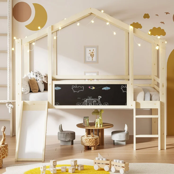 Kinder Hochbett Mit Rutsche Und Schiefertafel 90x200 Hausform Massivholz 120kg Tragfähig Sicherheitsgeländer Spielbett Mitwachsend – Bild 2