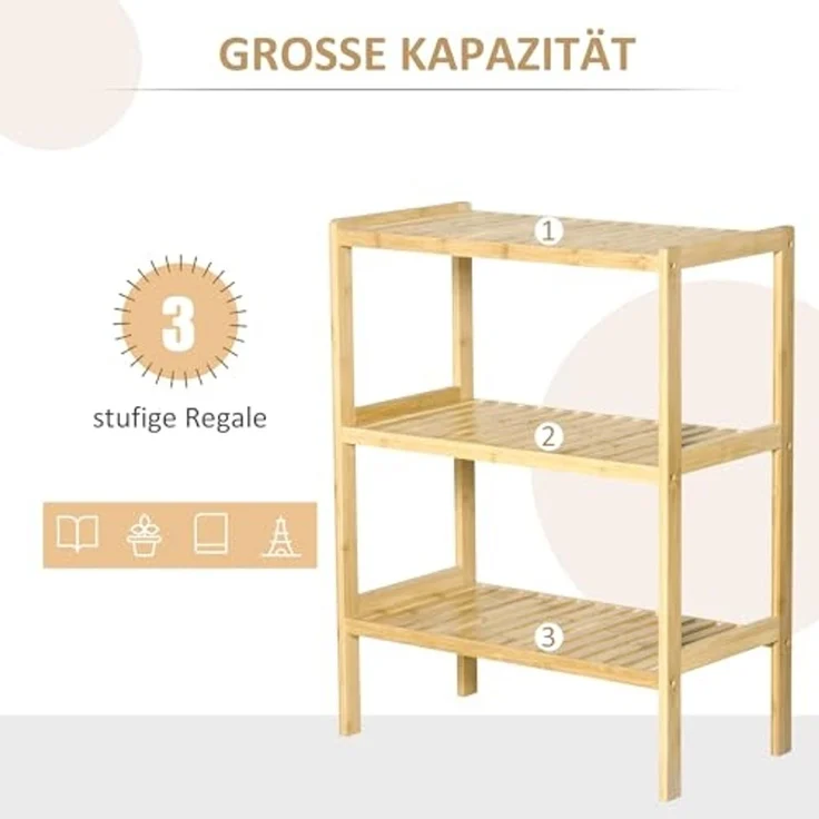 HOMCOM Standregal Küchenregal mit 3 Ebenen, Bambusregal, Mehrzweckschrank 1-tlg, für Wohnzimmer, Natur – Bild 4
