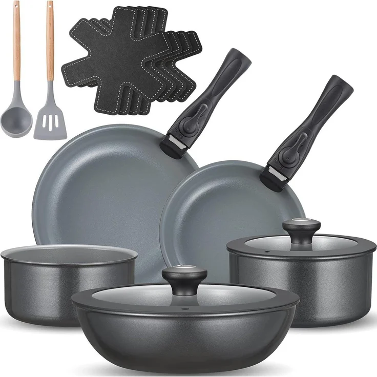 BEZIA Pfannen-Set Induktions Töpfe Set, Keramik Pfannenset mit abnehmbaren Griffen, Aluminium (17-tlg), natürliche Keramikbeschichtung, 30% Energieersparnis – Bild 5