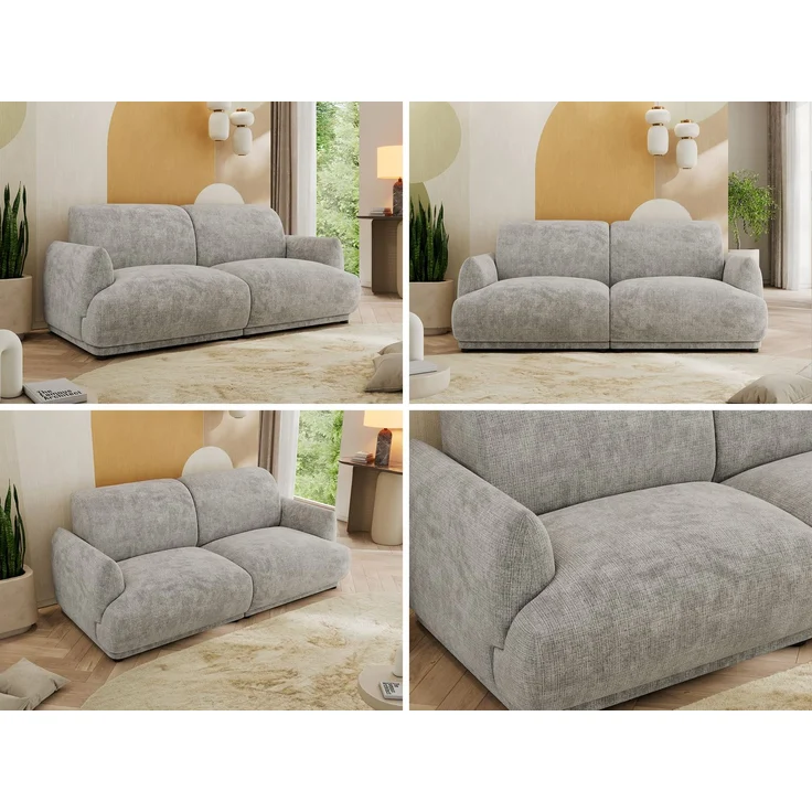 Modernes Design Sofa PUNTA 206 cm 3-Sitzer HR-Schaum Rückenlehne, Wellenfederung, Massivholzrahmen, Sofa mit Armlehnen - Hellgrau Schenille grob gewebt – Bild 2
