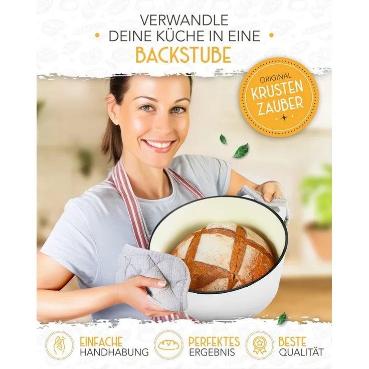 Krustenzauber Kasserolle Gusseisen Topf als Kochtopf, Schmortopf oder Brotbackform