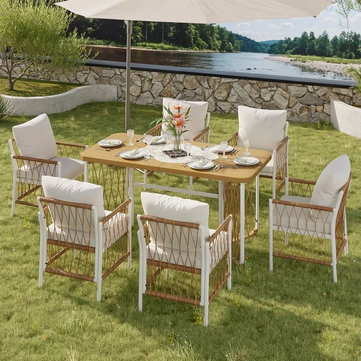 Merax Gartenlounge-Set Polyratten Gartenmöbel-Set mit geflochtenen Armlehnen & Polsterkissen, (7-tlg), 6-Sitzer Gartenset mit 1 Tisch & 6 Stühlen,Lounge-Set mit Eisengestell – Bild 2