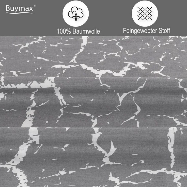 Buymax Bettwäsche, Renforce: 100% Baumwolle, 2 teilig, 135x200 cm, mit Reißverschluss, Muster Marmor, Grau, Weiß – Bild 3