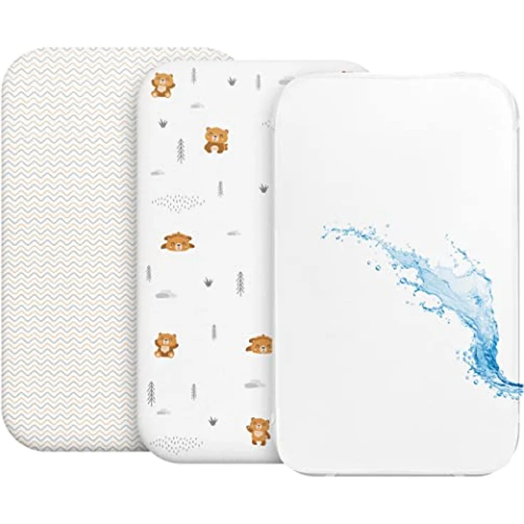 2X Spannbettlaken aus 100% Baumwolle mit Gummiband - 1X Matratzenschoner aus 100% wasserdichtem Material - 3er-Set - 55x90 cm - Teddybär – Bild 2