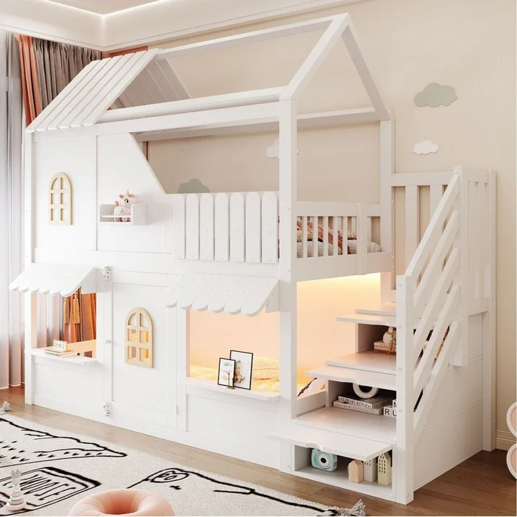 Flieks Etagenbett, Kinderbett Haus-Design 90×200cm mit Stauraumtreppe LED-Beleuchtung – Bild 1