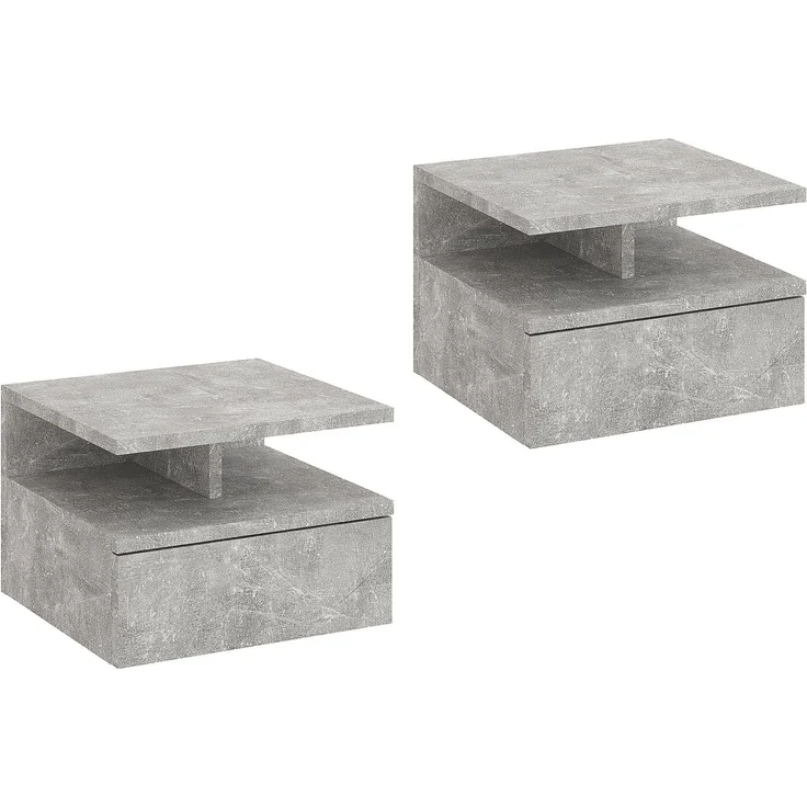KOMTO Nachttisch Hängend mit Ablage, Wandregal mit Schublade | Nachttisch 2er Set Beton, Nachtschrank Hängend, 35,4 × 32,2 × 24,6 cm