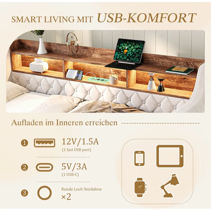 Platzsparendes Sofa-Bett, Aus Samt mit Stauraum, LED-Ambiente & USB-C-Anschluss, 12 Lattenroste & stabiler Metall-Holz-Rahmen, Beige, 90 x 190 cm