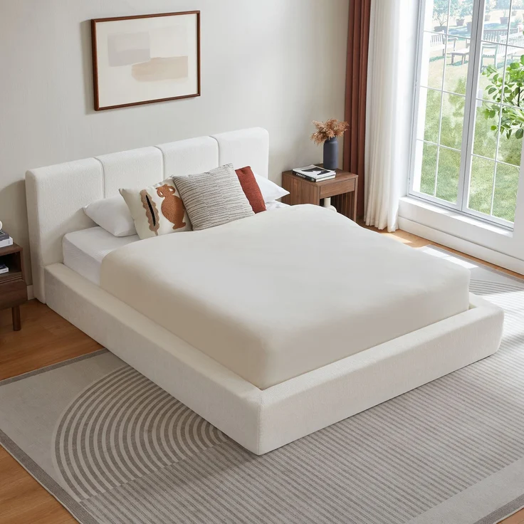 LVHOM Polsterbett 160 x 200cm, Doppelbett mit gepolstertem Kopfteil, Bettgestell mit verstärktem Stahlrahmen, Chenille, Beige – Bild 9