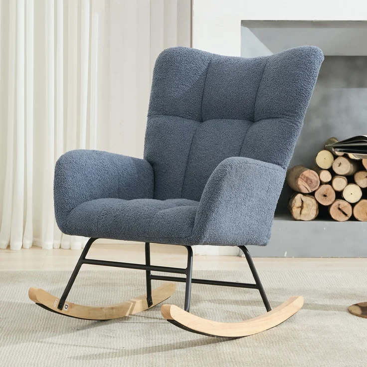 Teddy-Schaukelstuhl mit Tasche, weicher Schaukelstuhl fürs Kinderzimmer, bequemer Ohrensessel mit sicherem Massivholzgestell, Wohnzimmer, Marineblau, 65 x 77 x 90 cm, YOUDENOVA – Bild 1