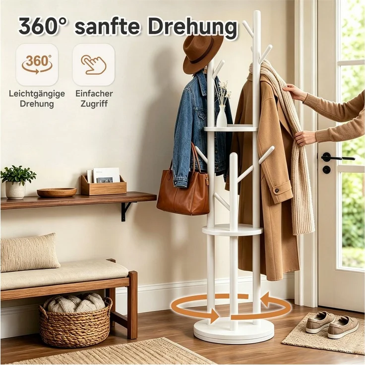 OSTWOLKE Garderobenständer Drehbarer Kleiderständer aus Massivholz mit 3 Ablage und 8 Haken, stabil & einfach zu montieren, für Flur, Schlafzimmer, 165×40×40 cm – Bild 2
