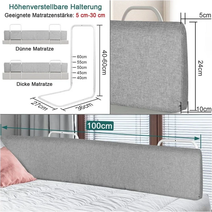 FIVMEN Bettschutzgitter Bettgitter Bettkantenschutz Höhenverstellbar Sicherheitsgeländer, für Kinder Bett, Leinengrau – Bild 1