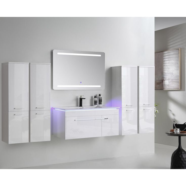 Badmöbel Set 210 cm Weiß Hochglanz Lackiert Komplett Badschrank 8 Tlg LED