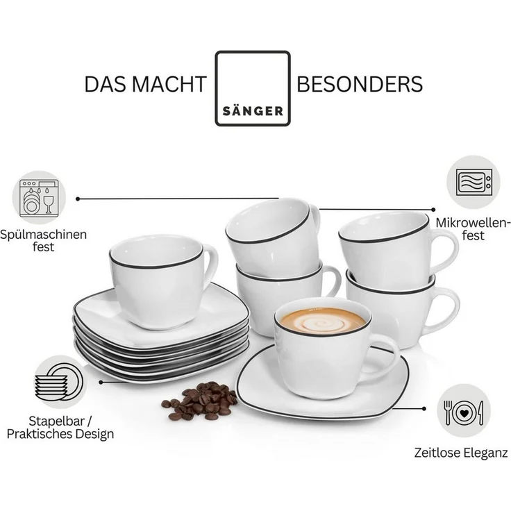 SÄNGER Kaffeeservice Bilgola Black Rim Tassen Set (12-tlg), 6 Personen, Porzellan, 150ml, ⌀8x8cm, spülmaschinengeeignet, Premium Collection – Bild 4