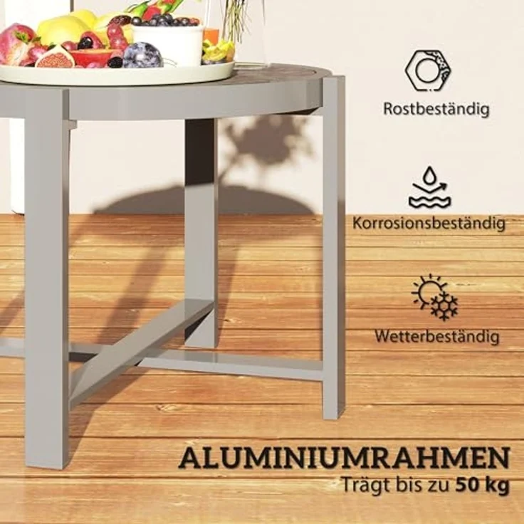 Outsunny Gartentisch mit Marmoroptik (rund Beistelltisch, 1-St, wetterfest Balkontisch aus Aluminium), für Wohnzimmer Büro Outdoor Indoor Grau – Bild 6