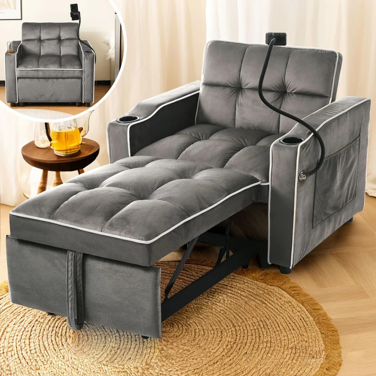 Schlafsofa mit Getränkehalter und Handyhalterung,Verstellbarer Sessel, Sofa-Liegestuhl und Gästebett in einem, Samtbezug Dunkelgrau – Bild 5
