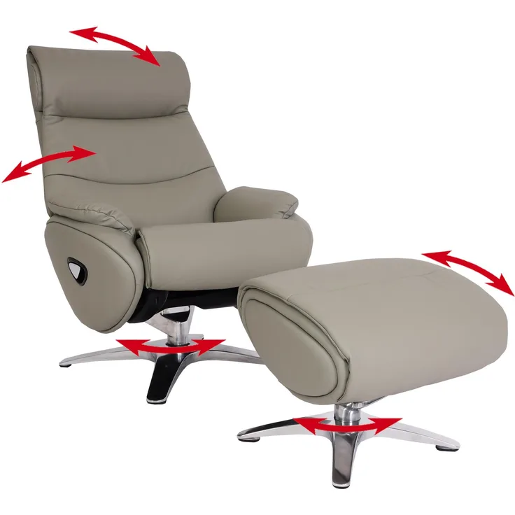 Relaxsessel mit Hocker HWC-K98, Fernsehsessel Sessel, Liegefunktion drehbar, Metall Echtleder/Kunstleder ~ grau