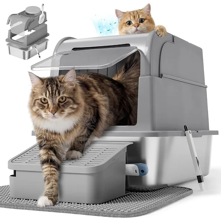 FEANDREA Katzenklo aus Edelstahl, geschlossene Katzentoilette mit Deckel und 2 Eingängen, mit Schaufel und Bürste, dunkelgrau