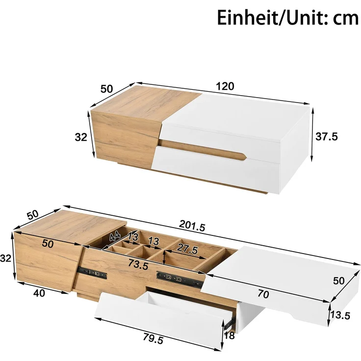 Couchtisch verschiebbar mit Stauraum 120x50 cm MDF Modern Wohnzimmer Tisch Weiß+Holzfarbe – Bild 8