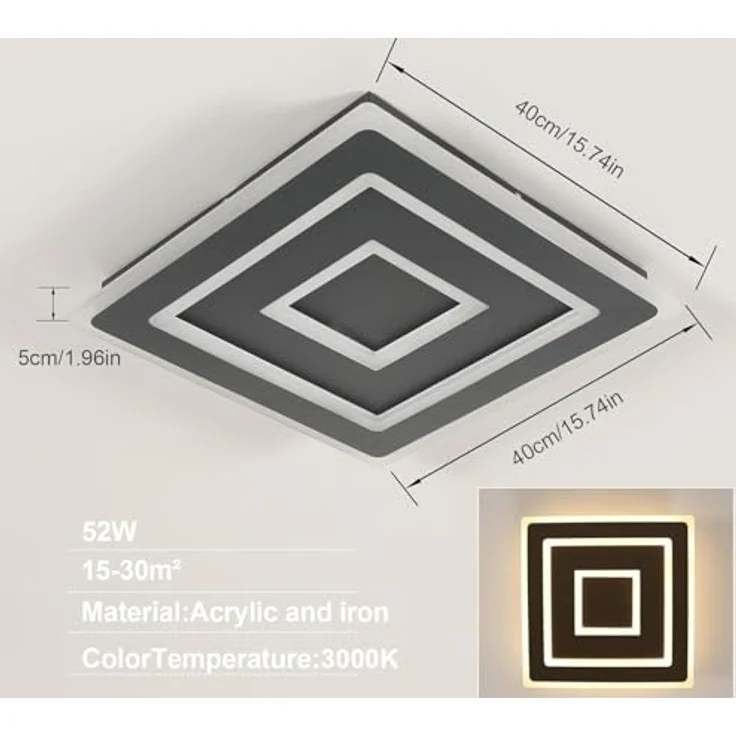 Comely LED Deckenleuchte Schwarz Quadrat für Wohnzimmer, 52W 5850LM 40cm Moderne Deckenlampe Quadratisch Deckenbeleuchtung Lampen für Schlafzimmer, Wohnzimmer, Warmes Licht 3000K – Bild 4