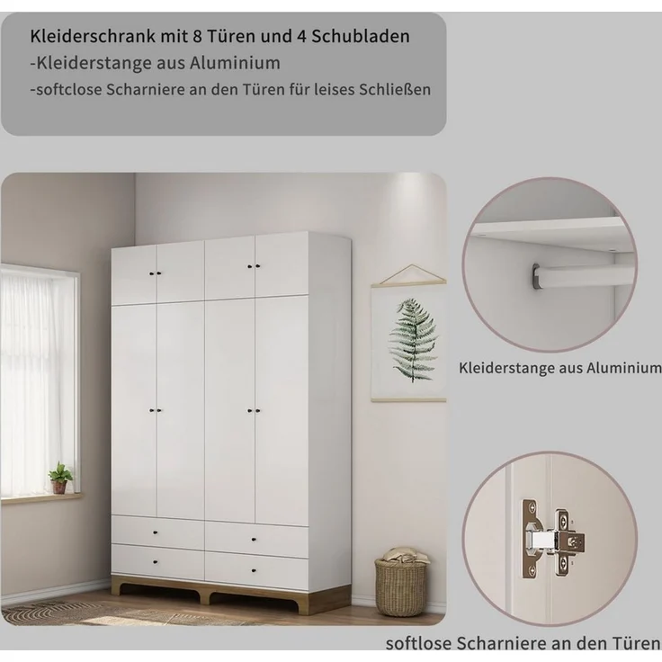 OTTO home Kleiderschrank Oslo Schlafzimmerschrank Garderobe weiß Landhaus Schlafzimmerschrank mit 4 Türen und 4 Schubladen, Breite 160cm – Bild 3