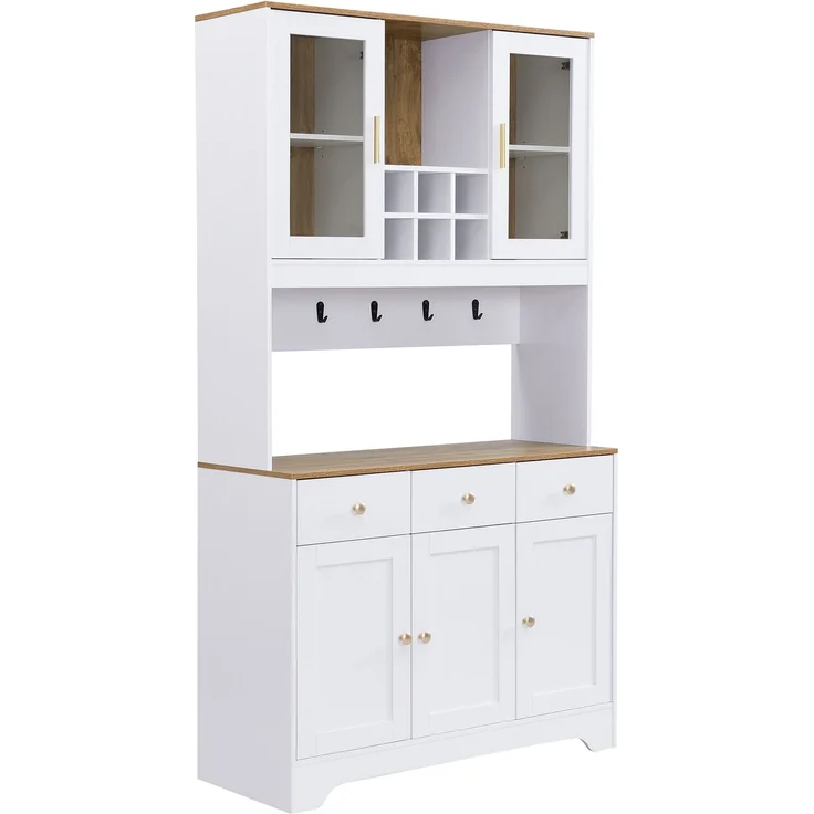 Hochschrank aus MDF mit Glastüren & Schubladen, 94,5x30x175,5 cm, Weiß/Holzoptik – Bild 7