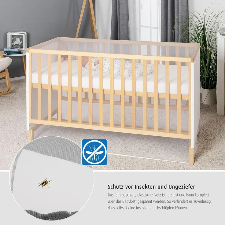 reer BiteSafe VERBESSERTER Insektenschutz fürs Kinderbett, Moskitonetz Reisebett, Insektennetz, Mückenschutz für Babys, weiß, extra groß – Bild 6