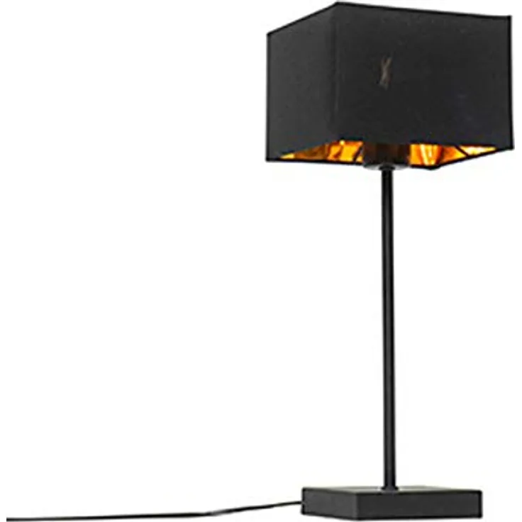 QAZQA VT 1, Moderne Tischlampe mit schwarzem Stoffschirm und goldener Innenseite, quadratisch, E27, LED geeignet, 44 cm hoch