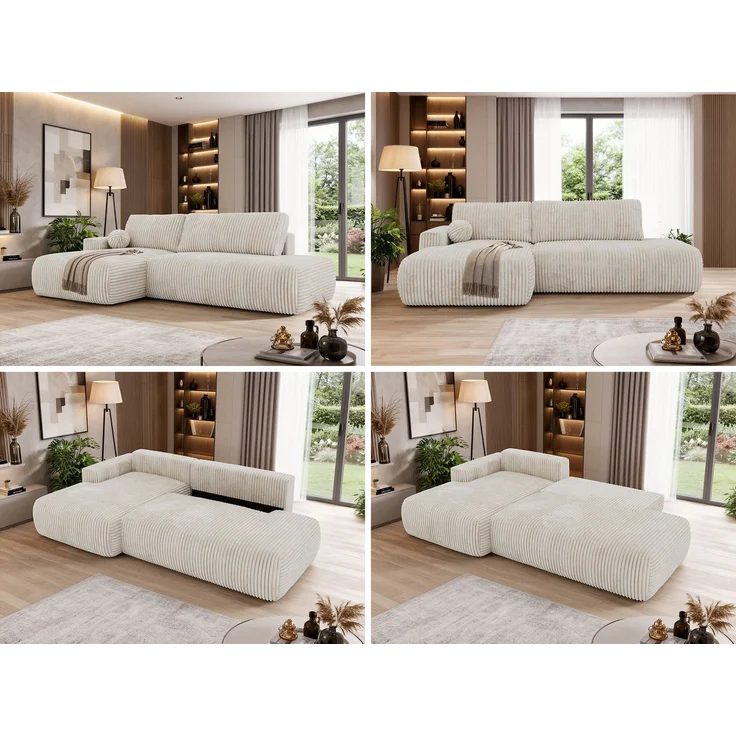 Ecksofa TAREN L mit Schlaffunktion, Bettkasten, DL-Mechanismus, Wellenfederung und freistehendem, Sofa mit Stauraum - Beige Cord - Links – Bild 2