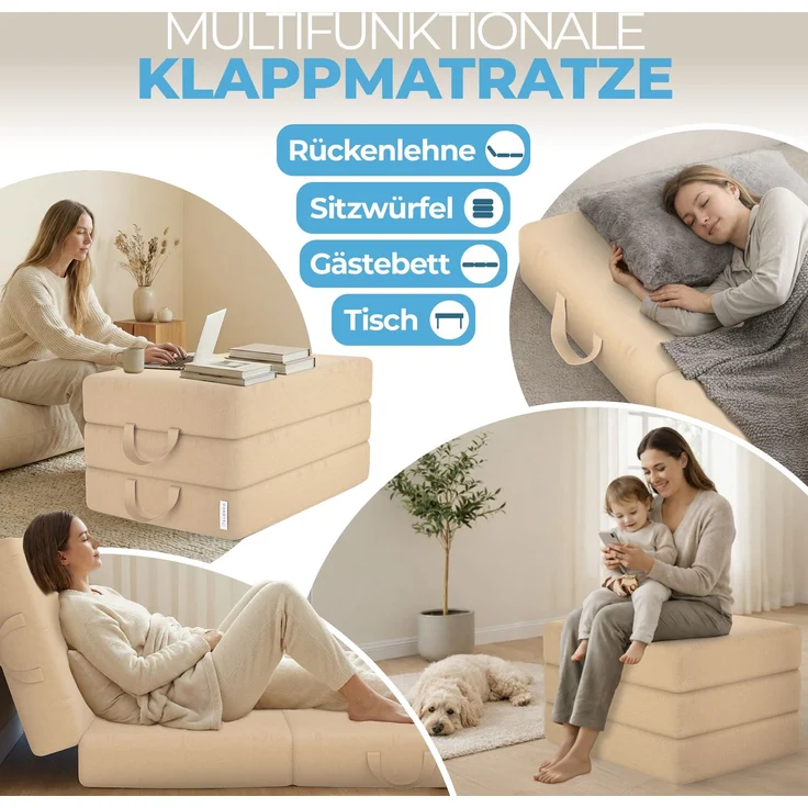ELONEO Klappmatratze, Gästematratze, 3-teilige Faltmatratze, Schaumstoff extra dick (15cm), waschbar, Bandscheibenwürfel, klappbar, Faltbare Matratze, Erwachsene (Creme, 90 x 200 x 15 cm) – Bild 3
