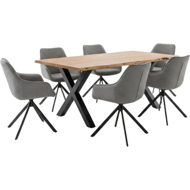 bene living Esszimmer-Set Baumkantentisch Catania und 6er Set Diningsessel San Carlo hellgrau, (Indoor-Möbelset, 7-St), Akazienholz-Tischplatte - drehbare Diningsessel