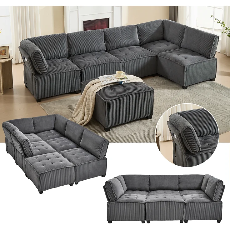 LVHOM Modulares Sofa U Form 308 x 82 x 154 cm, 6-Sitzer mit Schlaffunktion, Modular Cord Ecksofa, umwandelbares Schaumstoffsofa, Sofagarnitur, Schwarz – Bild 1