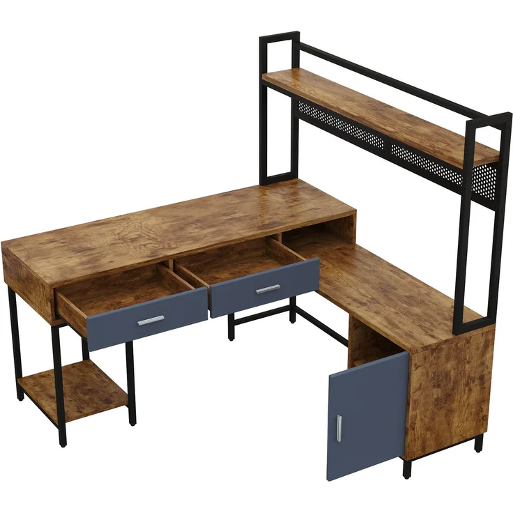 L-förmiger Schreibtisch 140x140x135 cm mit Stauraum, MDF und Metall – Bild 6