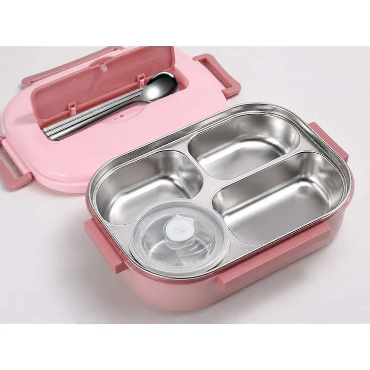 Lunchbox aus Edelstahl, 4 Fächer, 1500 ml, mit Besteck und Suppenschale, Rosa, 29 x 22 x 9 cm – Bild 3