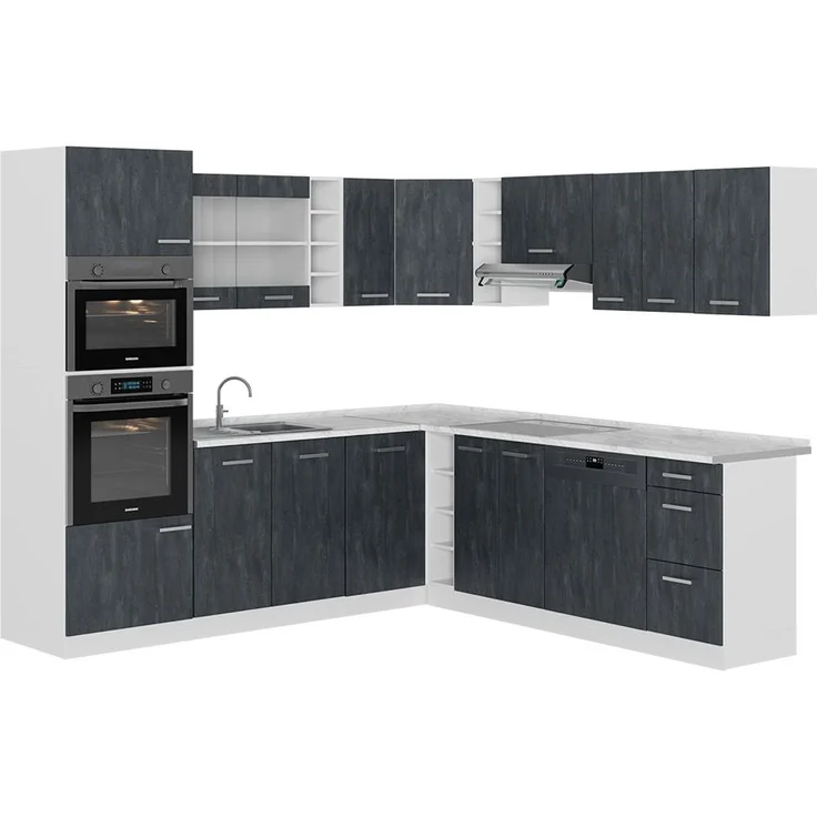 Eckküche R-Line Schwarz Beton/Weiß 247 x 60 cm AP Marmor Vicco – Bild 1