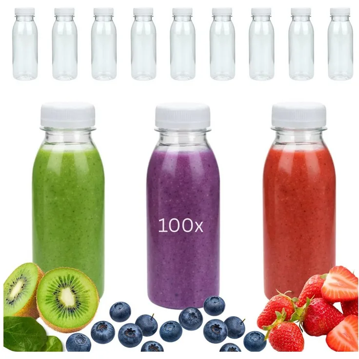 mikken Trinkflasche PET Getränkeflasche 250 ml Plastikflasche mit Deckel, perfekt für Smoothies, große Öffnung