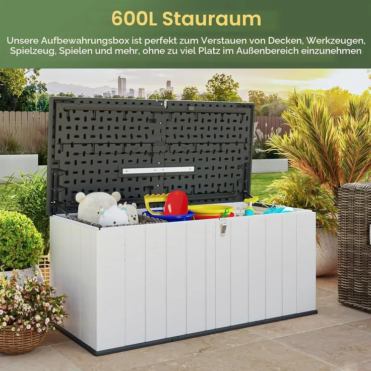 Aoxun Gartenbox aus Harz 600L,Auflagenbox Wasserdicht Außenmaße:142 x 67 x 63 cm,Wetterfest,Abschließbar,Weiß – Bild 3