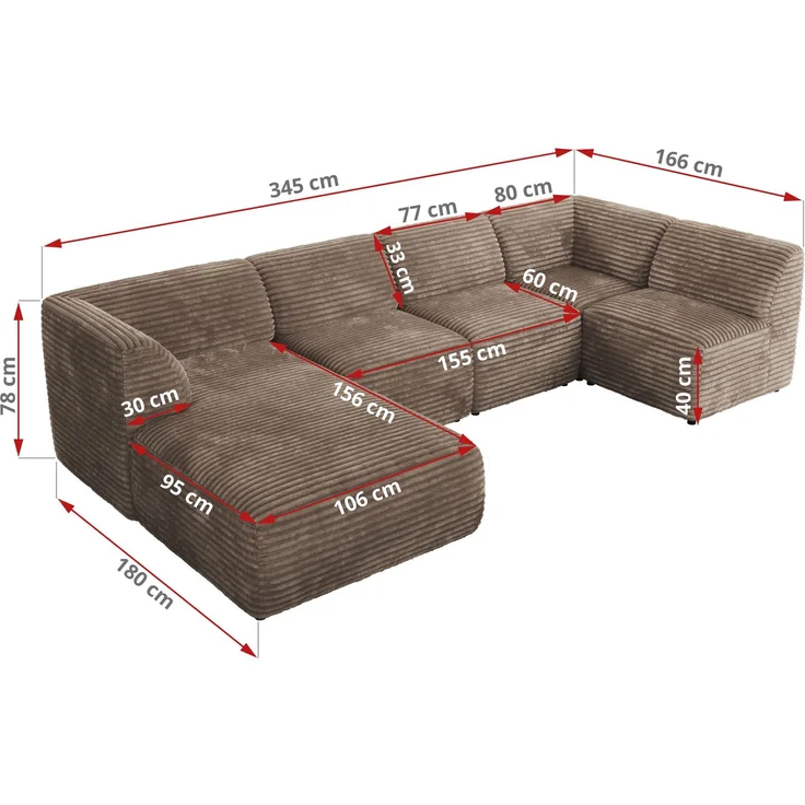 Modulares XXL-Ecksofa MODARO 5M, U-Form, Wohnlandschaft, 5-teilig, freistehend, Wohnzimmer Couch, HR-Schaumstoff - Braun Cord - Links – Bild 6