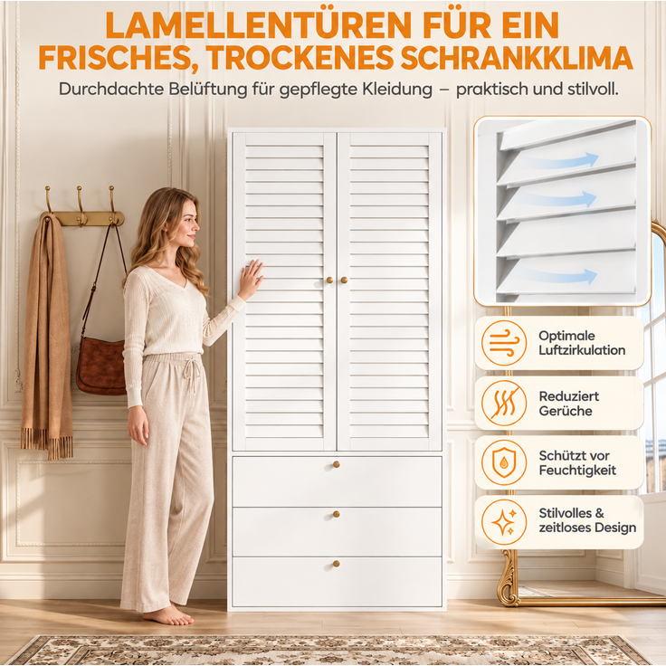 CHICFURN Kleiderschrank 90x200x50 cm aus Holzwerkstoff mit Lamellentüren und 3 Schubladen – Weiß – Bild 4