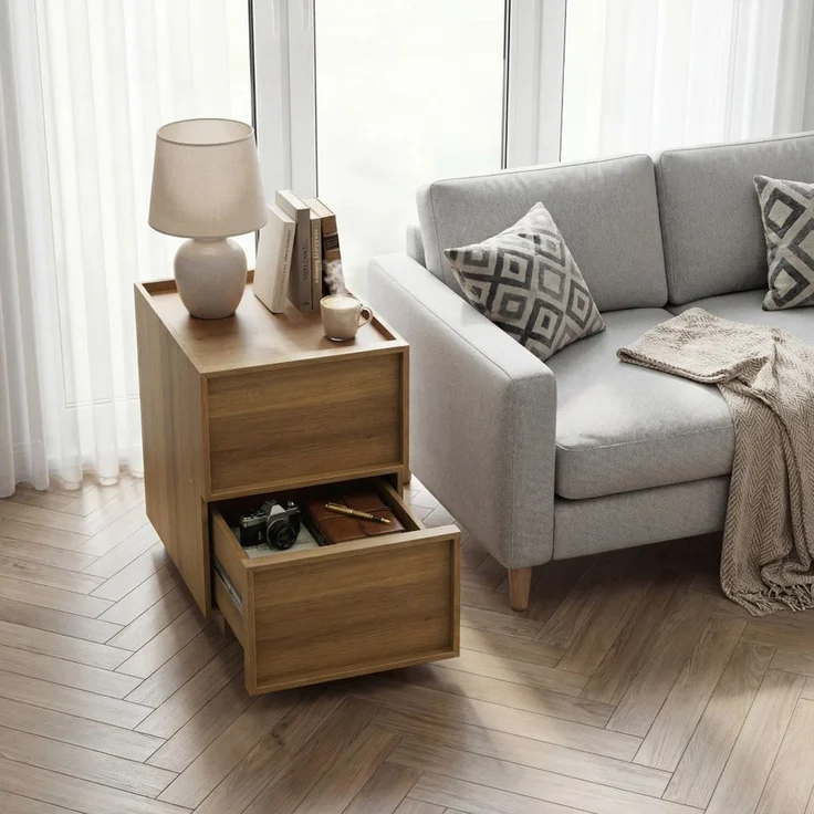 BBWL Nachttisch 1/2 St,2 Schubladen modern grifflos Holz MDF, Beistelltisch Schlafzimmer, Nachttisch Eiche kompakt stabil Staurau – Bild 4