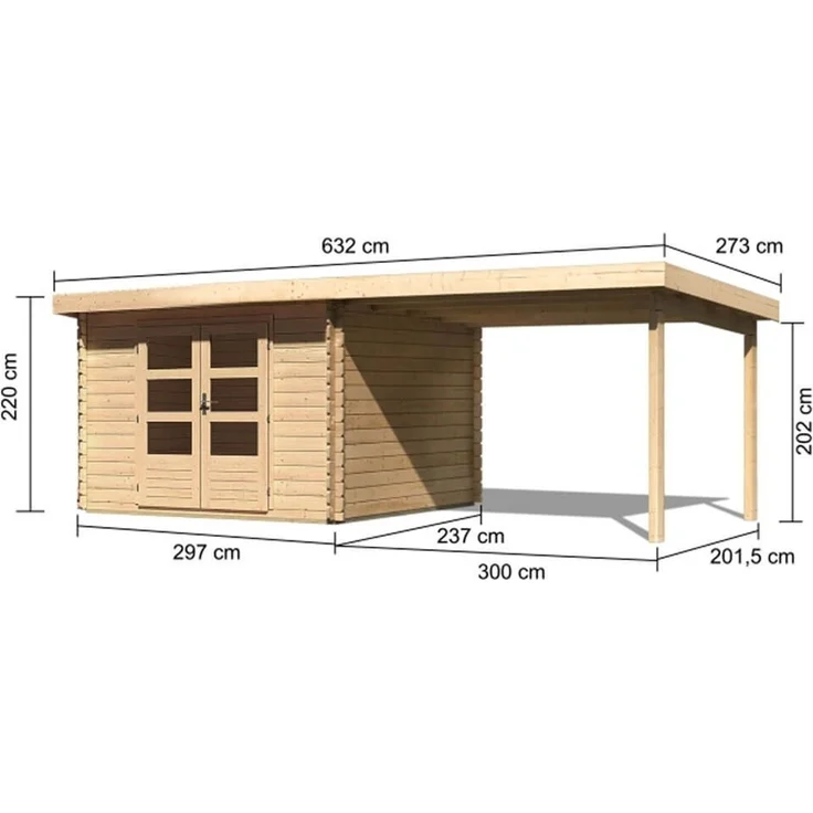 Gartenhaus Bastrup 3 - 579x237 cm mit Anbaudach 3,00 m mit Rückwand, 28 mm Holz naturbelassen – Bild 3